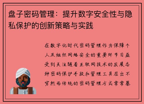 盘子密码管理：提升数字安全性与隐私保护的创新策略与实践