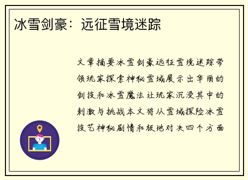 冰雪剑豪：远征雪境迷踪