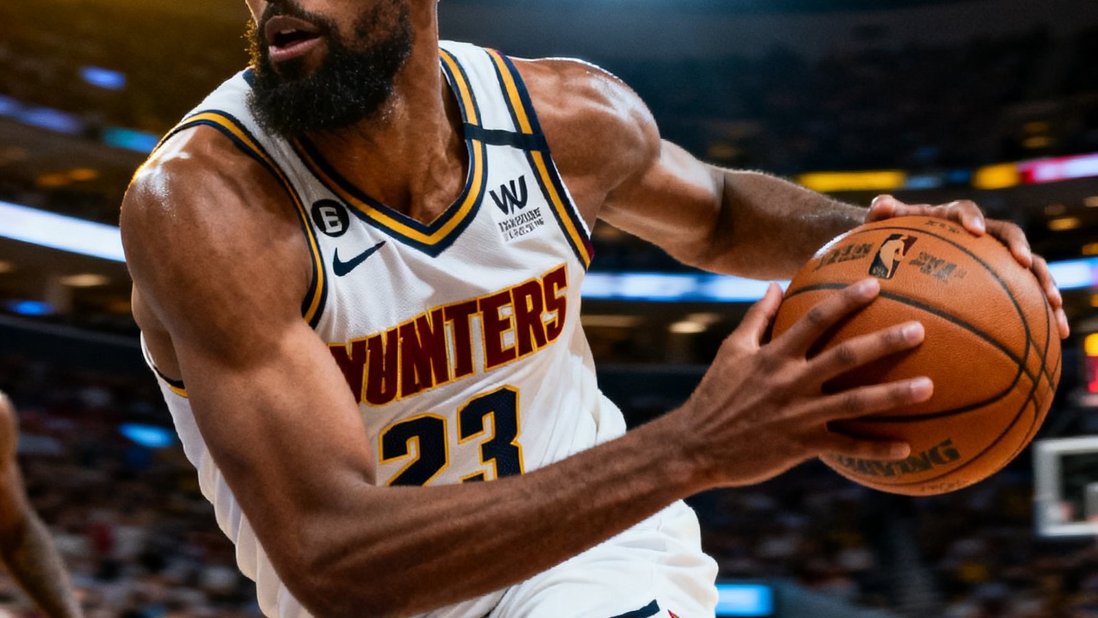 NBA季后赛高清直播画面，球员持球突破的特写镜头，球衣细节和面部表情清晰生动，场馆灯光璀璨